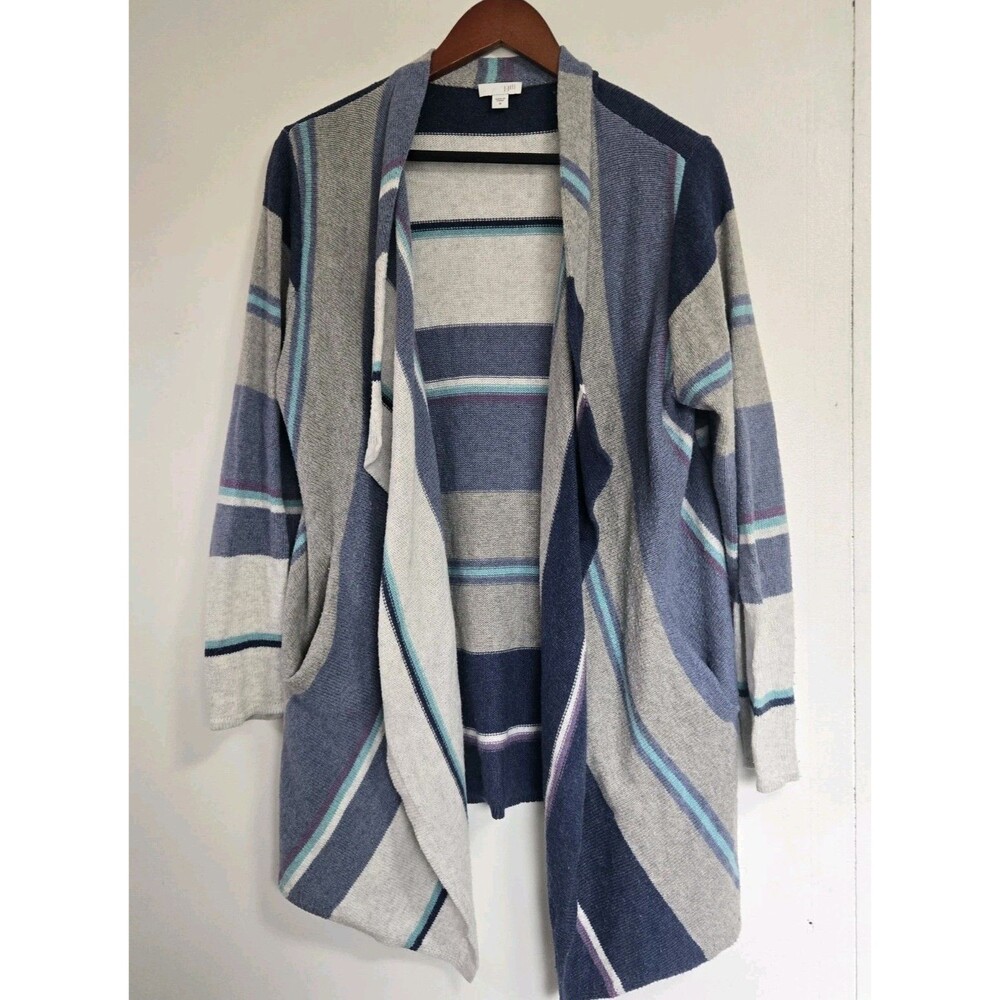 J Jill Sweater Womens M‎ Cardigan Gray Purple Striped Draped Pockets Coastal